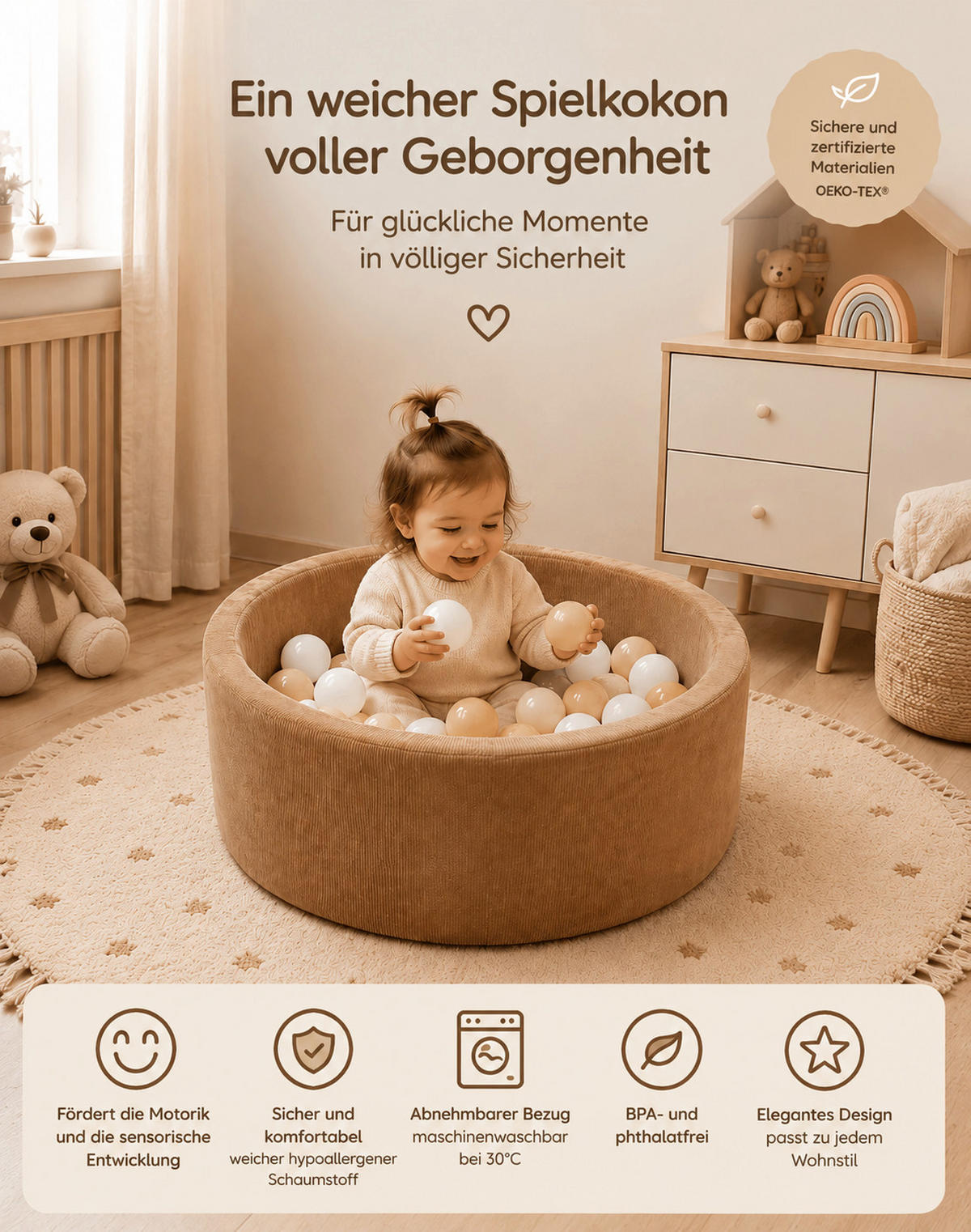 BÄLLEBAD für Babys Dunkelblau Ø75 × 30 cm mit 150 weißen Bällen - Blau, Textil (75/30cm) - AngeLove