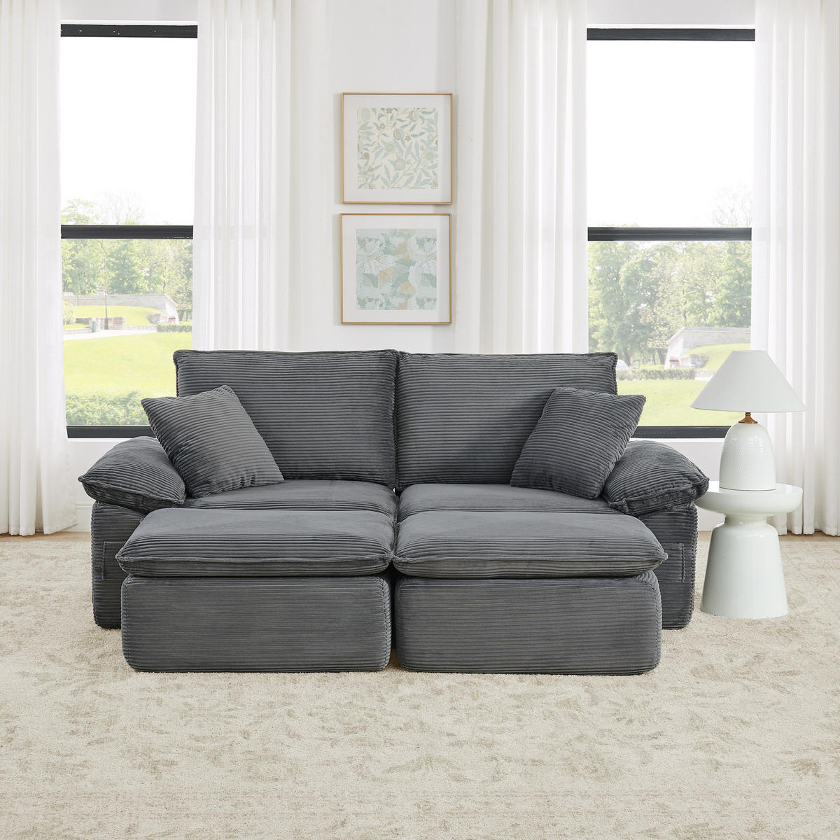 2-SITZER-BODENSOFA ohne Montage mit Fußstütze und Aufbewahrungstaschen, Hellgrau - Hellgrau, Textil (156/65/206cm) - Redom