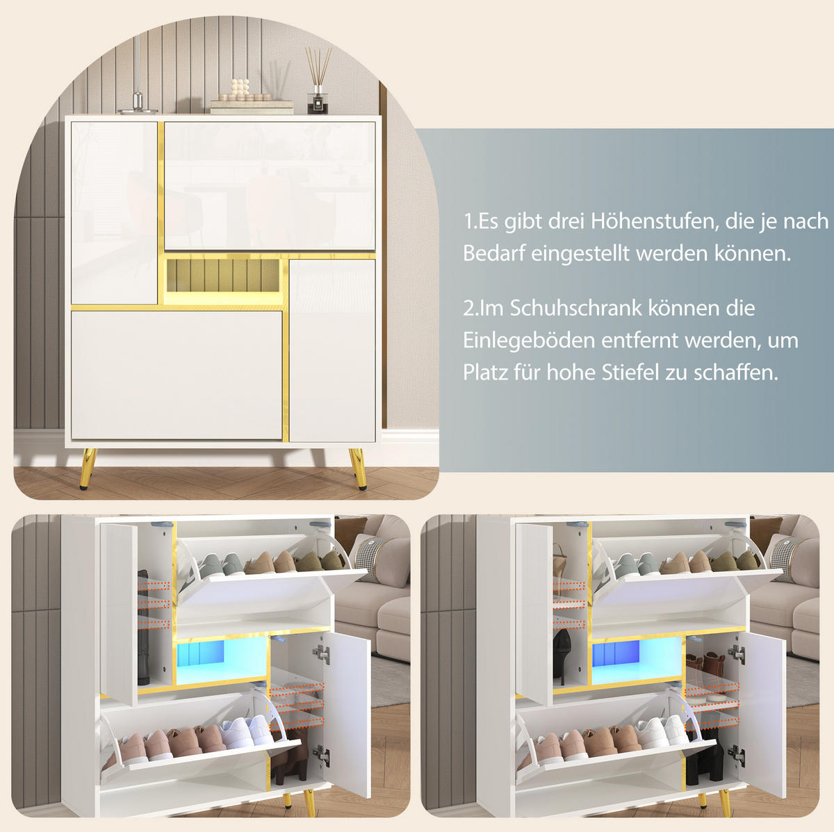 SCHUHSCHRANK 80/25/96 cm in Weiß mit Hochglanzfront und LED-Beleuchtung - Weiß, Holzwerkstoff (80/96/25cm) - Flora Grace