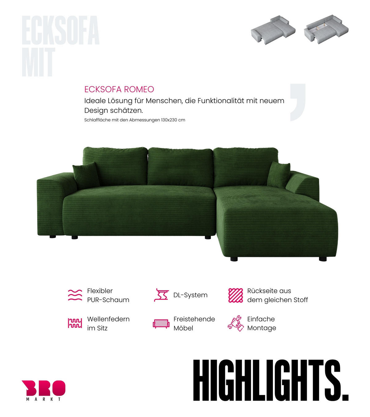 ECKSOFA Romeo mit Schlaffunktion Grün - Grün, Textil (285/185cm) - Bromarkt