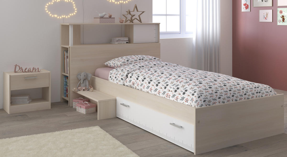 KINDERZIMMER Set 3-tlg. mit Regal Nachttisch und Bett 90 x 200 - Silberfarben/Weiß, Holz/Holzwerkstoff (203/93/123cm) - Parisot Meuble