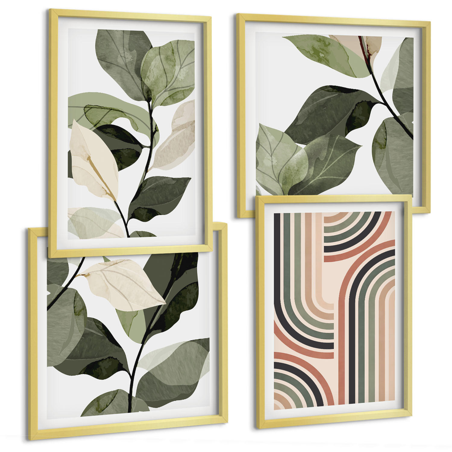 BILDER SET 4er Set - 50x50 cm & 40x60 cm Goldrahmen - Geometrische Pflanzenmotive - Goldfarben, Kunststoff (50/50cm) - TULUP