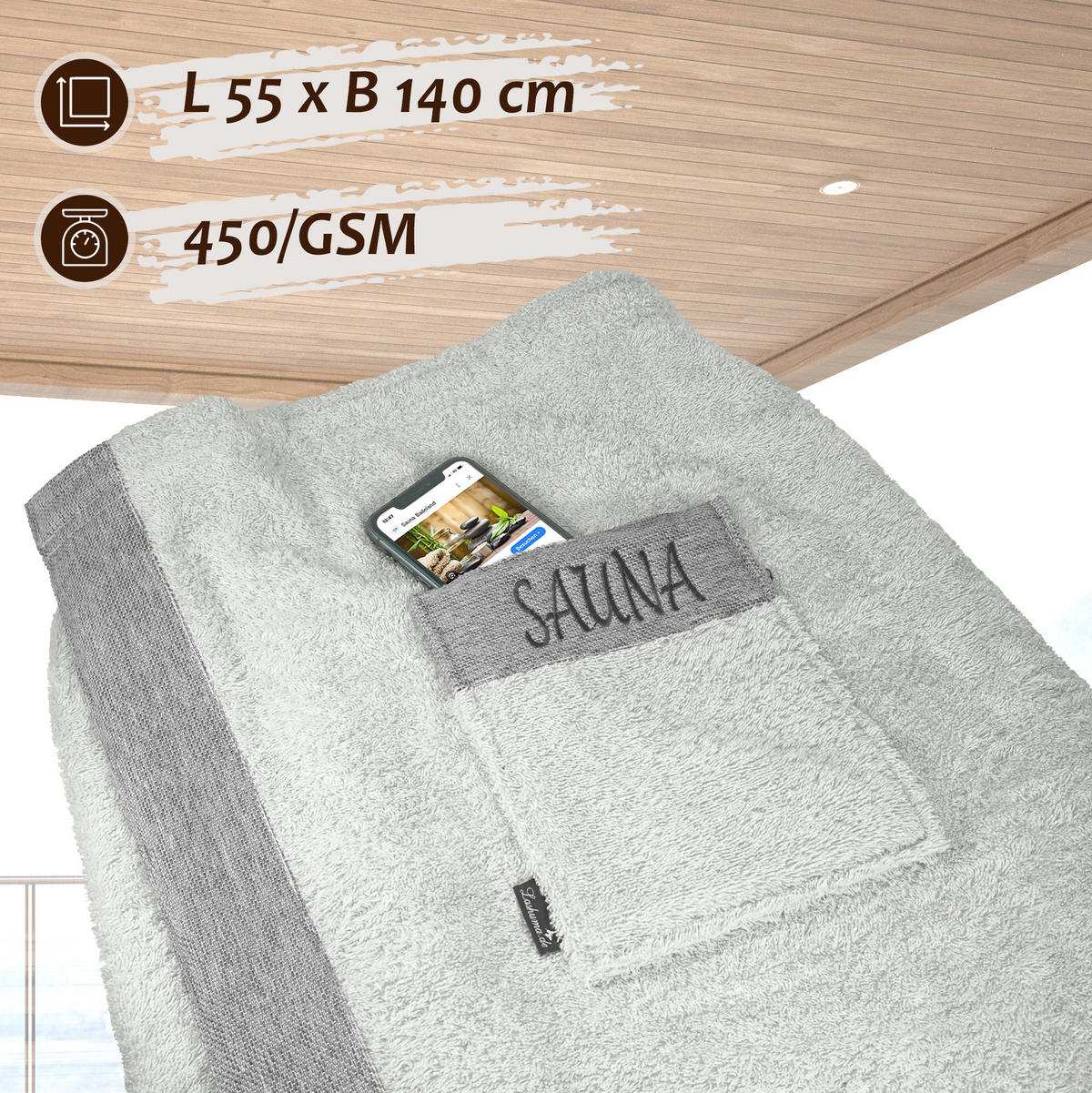 SAUNAKILT Herren Eisgrau, Lima Saunahandtuch mit Klettverschluss - Grau, Textil (140/55cm) - Lashuma