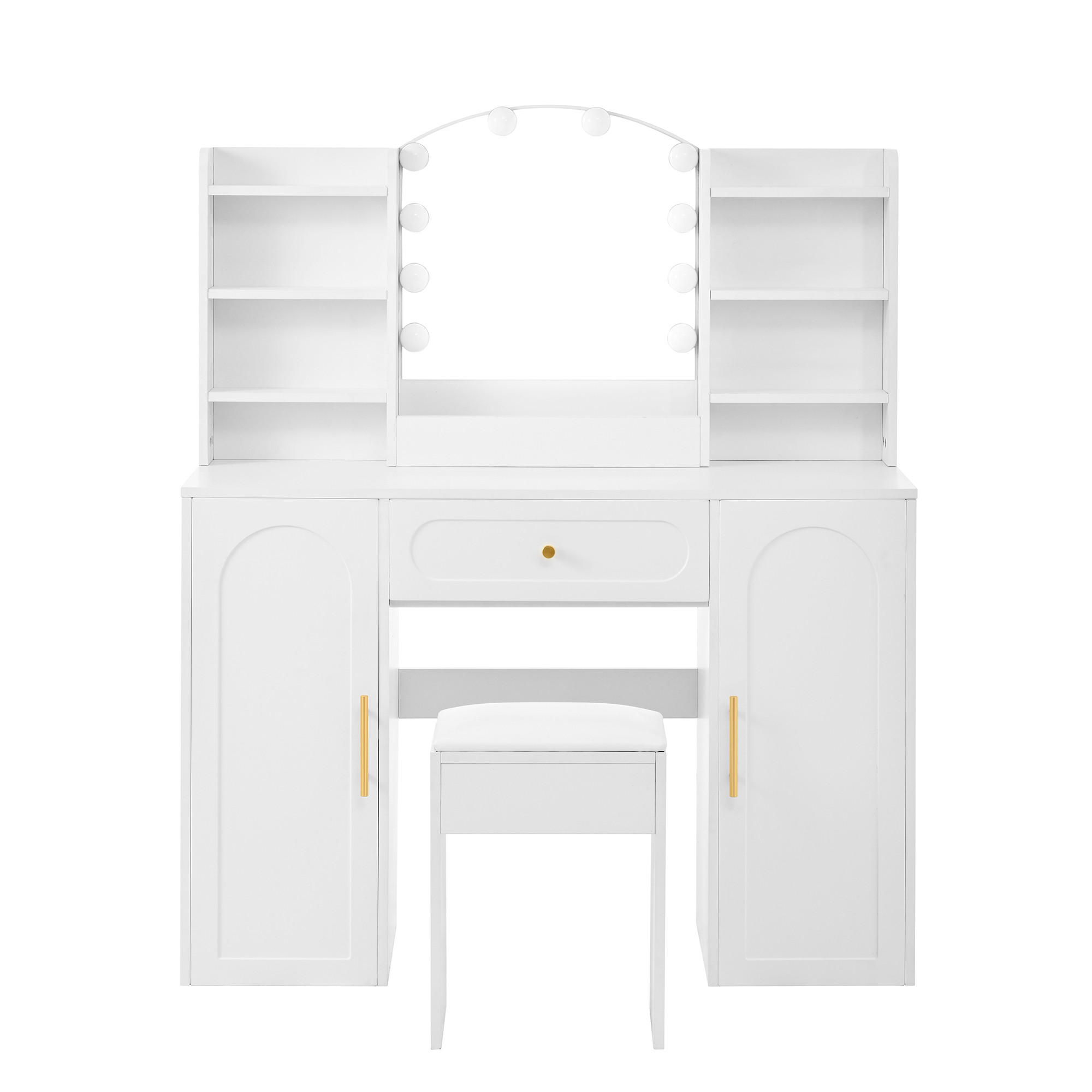SCHMINKTISCH LED mit Hocker Spiegel Stauraum - Weiß, Holzwerkstoff (110/132/40cm) - Urban Meuble