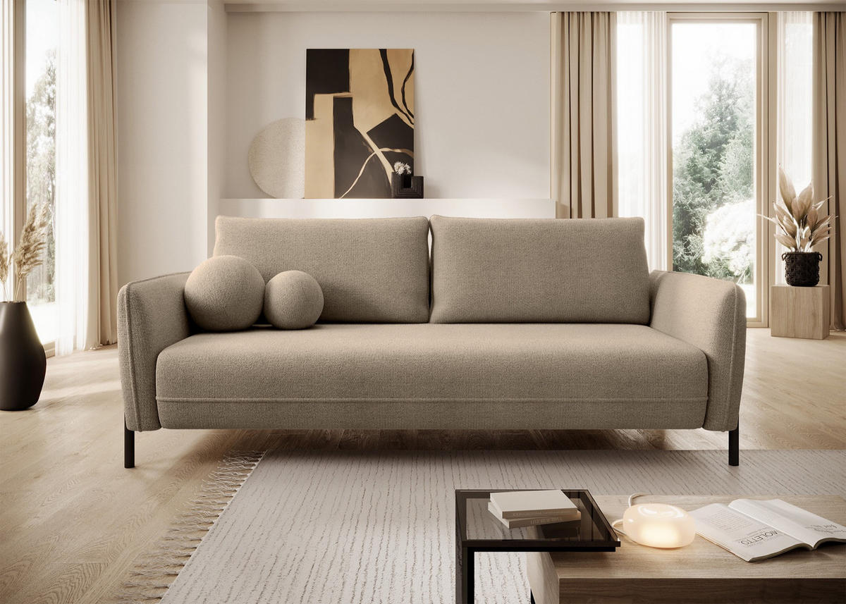 SOFA Veruco Beige mit Schlaffunktion - Beige/Schwarz, Textil/Metall (234/90/100cm) - Selsey