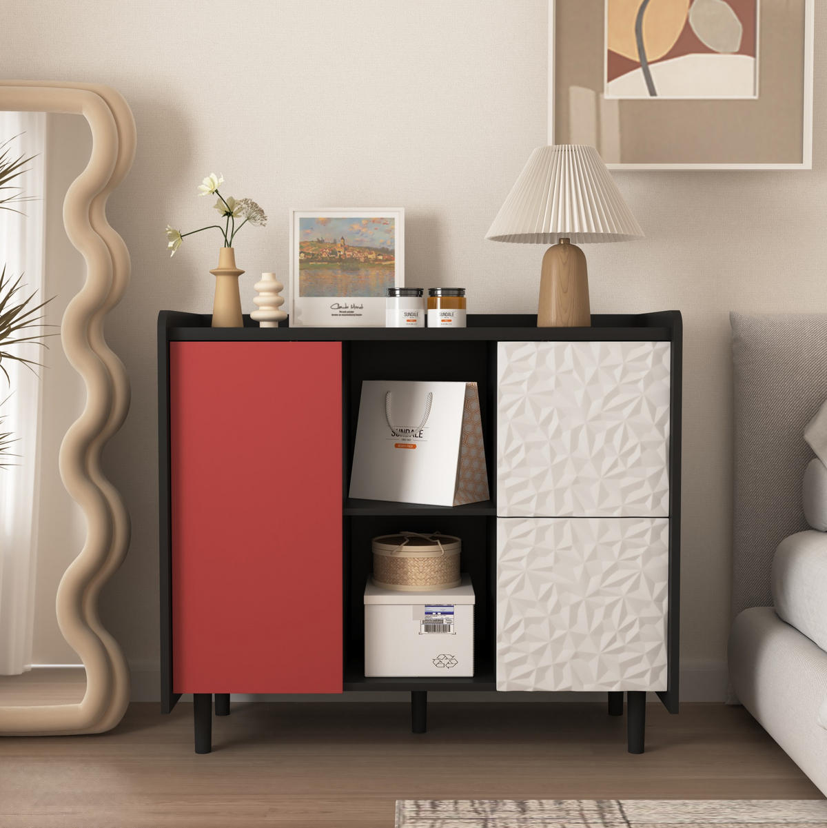 SIDEBOARD aus MDF 40x90x80 cm Schwarz/Rot mit 2 Schubladen, offenem Fach und Schranktür in modernem Design - Rot, Holzwerkstoff (90/80/40cm) - Modfu