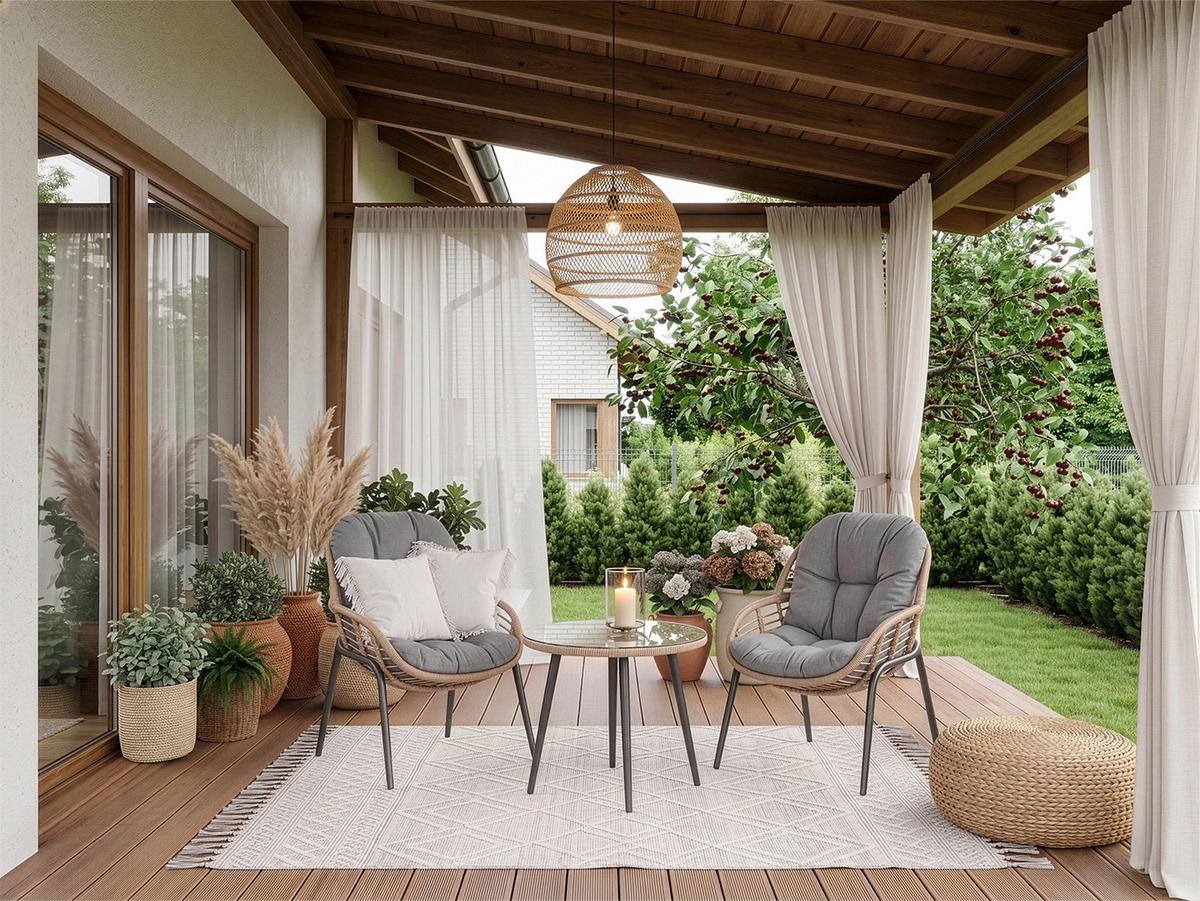 GARTENMÖBEL-SET mit 1 Beistelltisch und 2 Esszimmerstühlen. schwarz. grau und Eiche natur - Schwarz/Naturfarben, Metall - Home Collective