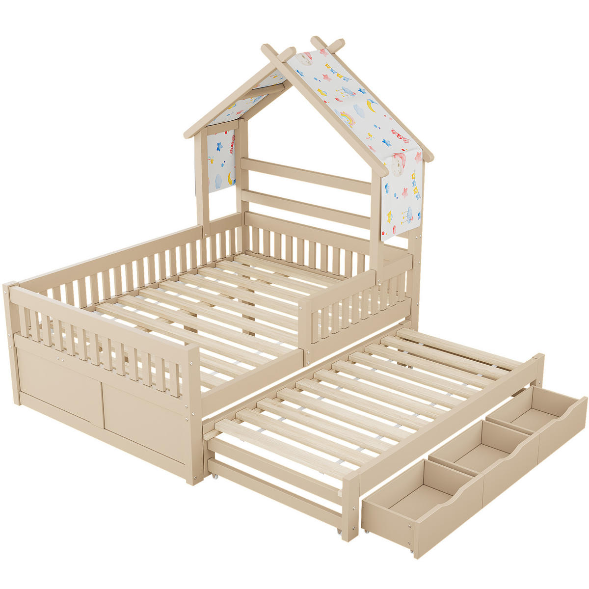 BETT 140/200 cm in Cream aus Kiefer, MDF und Sperrholz mit Ausziehbett, 3 Schubladen und Schutzgitter - Creme, Holz/Holzwerkstoff (140/200cm) - WISHDOR