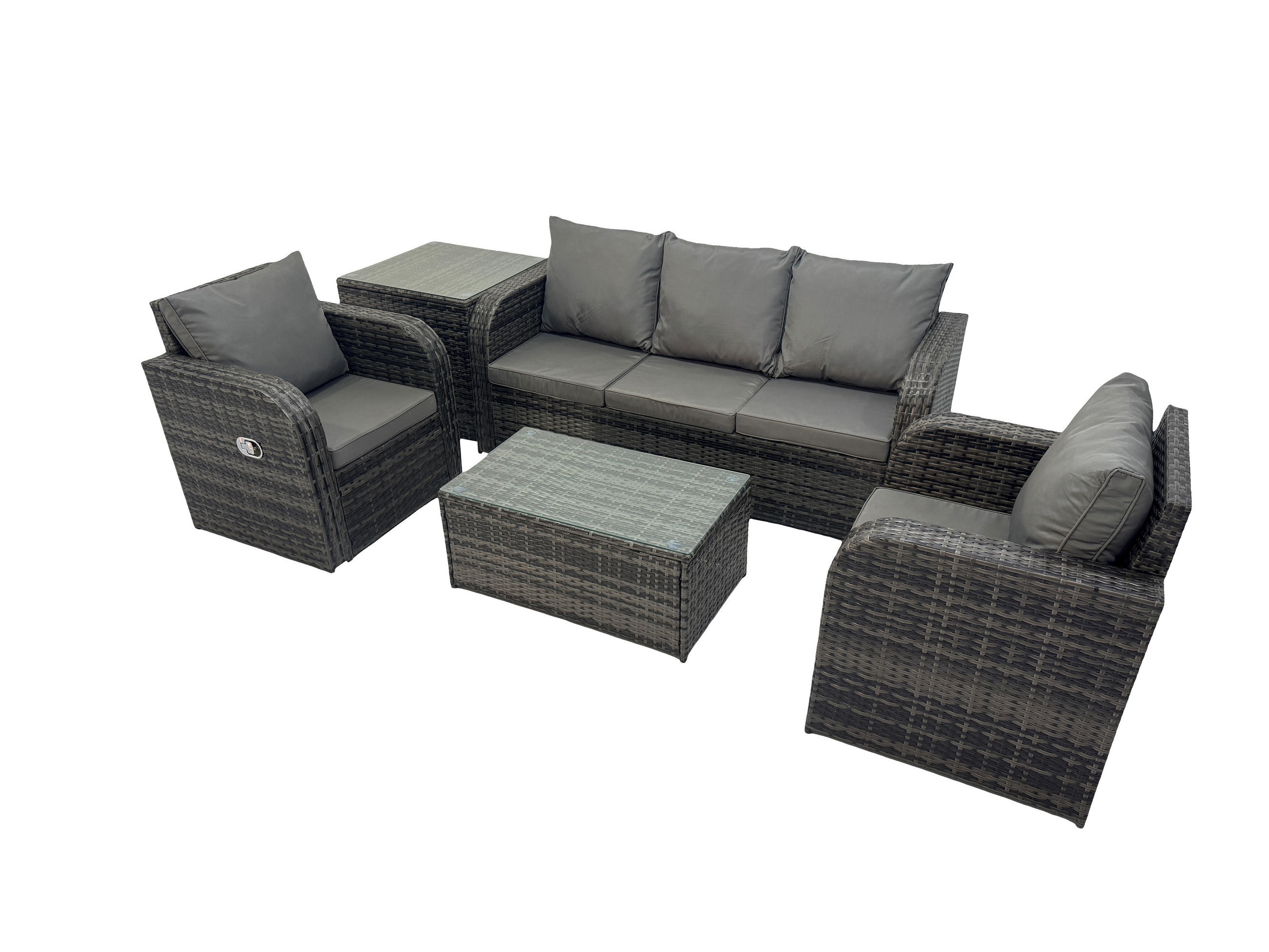 GARTENMÖBELSET mit Couchtisch Polyrattan 5-Sitzer - Dunkelgrau/Grau, Glas/Kunststoff - Fimous