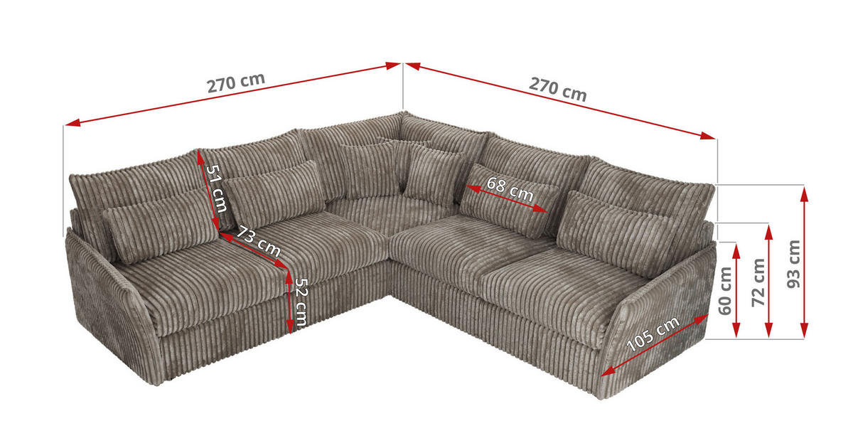 ECKSOFA VERSO L Hellbraun Cord - Hellbraun/Schwarz, Kunststoff/Textil (270/270cm) - MKS