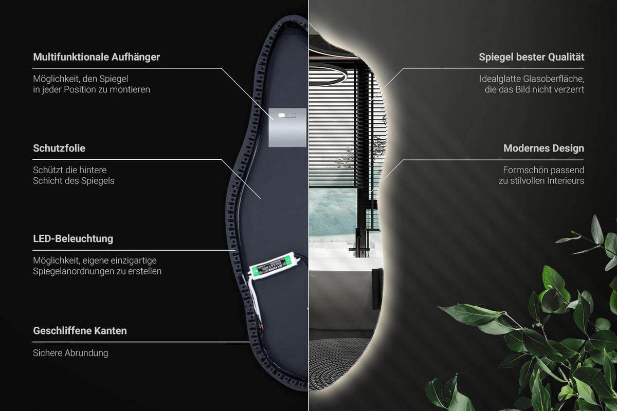 LED-SPIEGEL 40x90 cm Asymmetrisch Neutralweiß 4000K - Hellblau, Glas (40/90/0.4cm) - Wallfluent