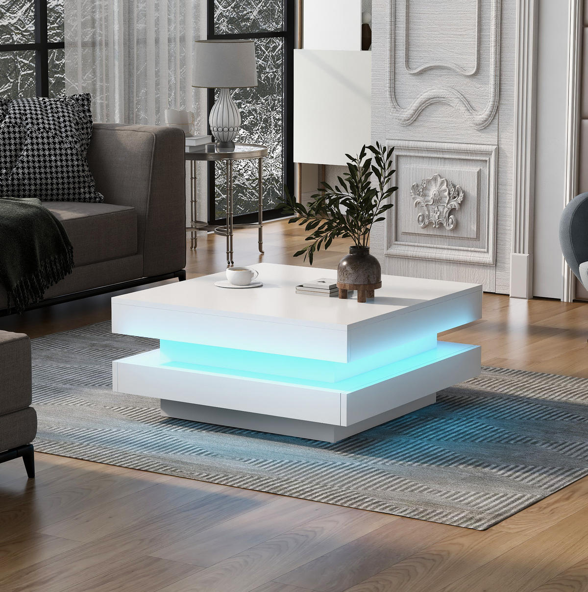 COUCHTISCH 70/70/36 cm in Weiß Hochglanz mit LED-Beleuchtung - Weiß, Holzwerkstoff (70/70/36cm) - Flora Grace