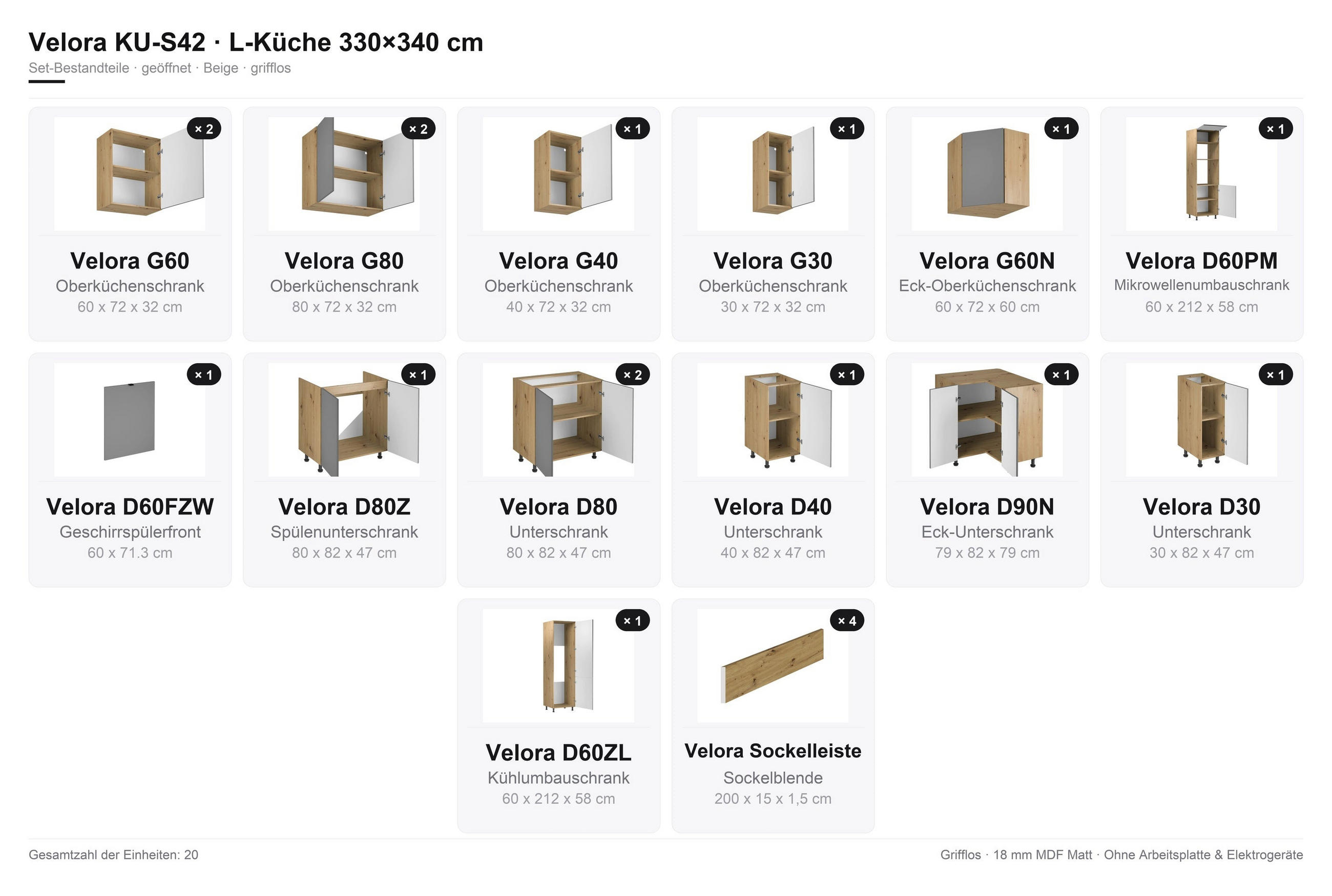 WINKELKÜCHE 330 x 340 cm VELORA – KU-S42 – Beige - Beige, Holzwerkstoff (330/212/340cm) - hi-markt