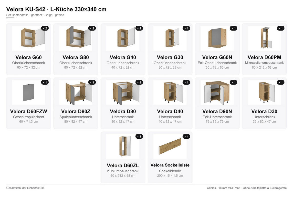 WINKELKÜCHE 330 x 340 cm VELORA – KU-S42 – Beige - Beige, Holzwerkstoff (330/212/340cm) - hi-markt