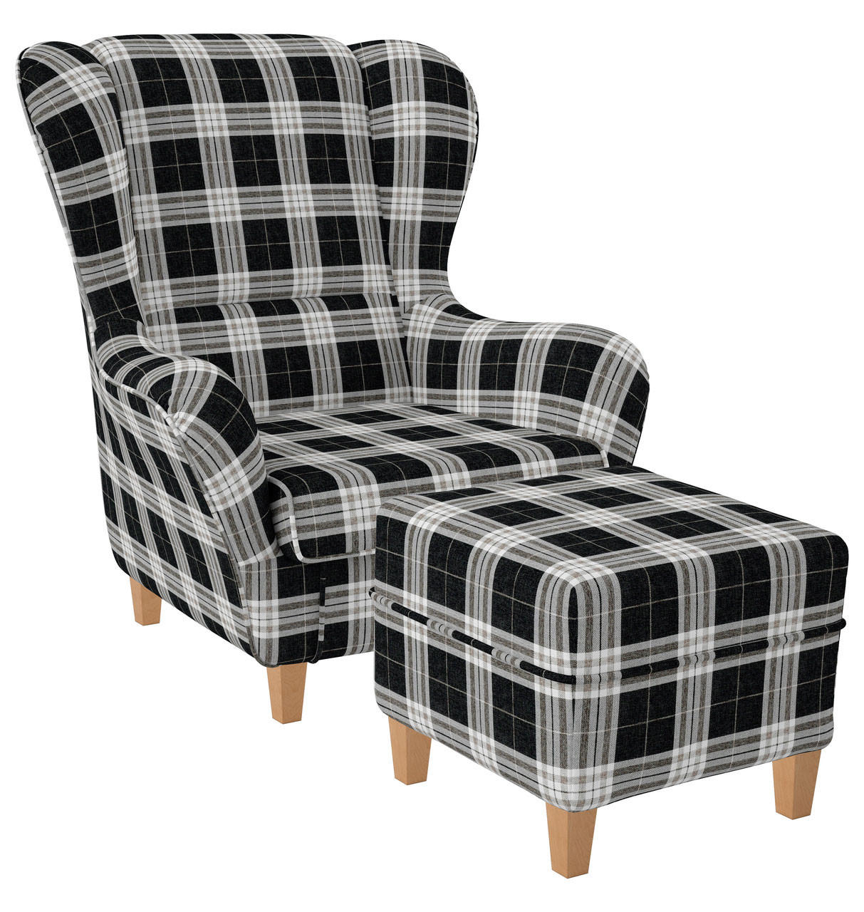 OHRENSESSEL Sofia Relaxsessel mit Hocke | Design Oxford kariert - Edelstahlfarben, Textil (92/68/95cm) - Supellex