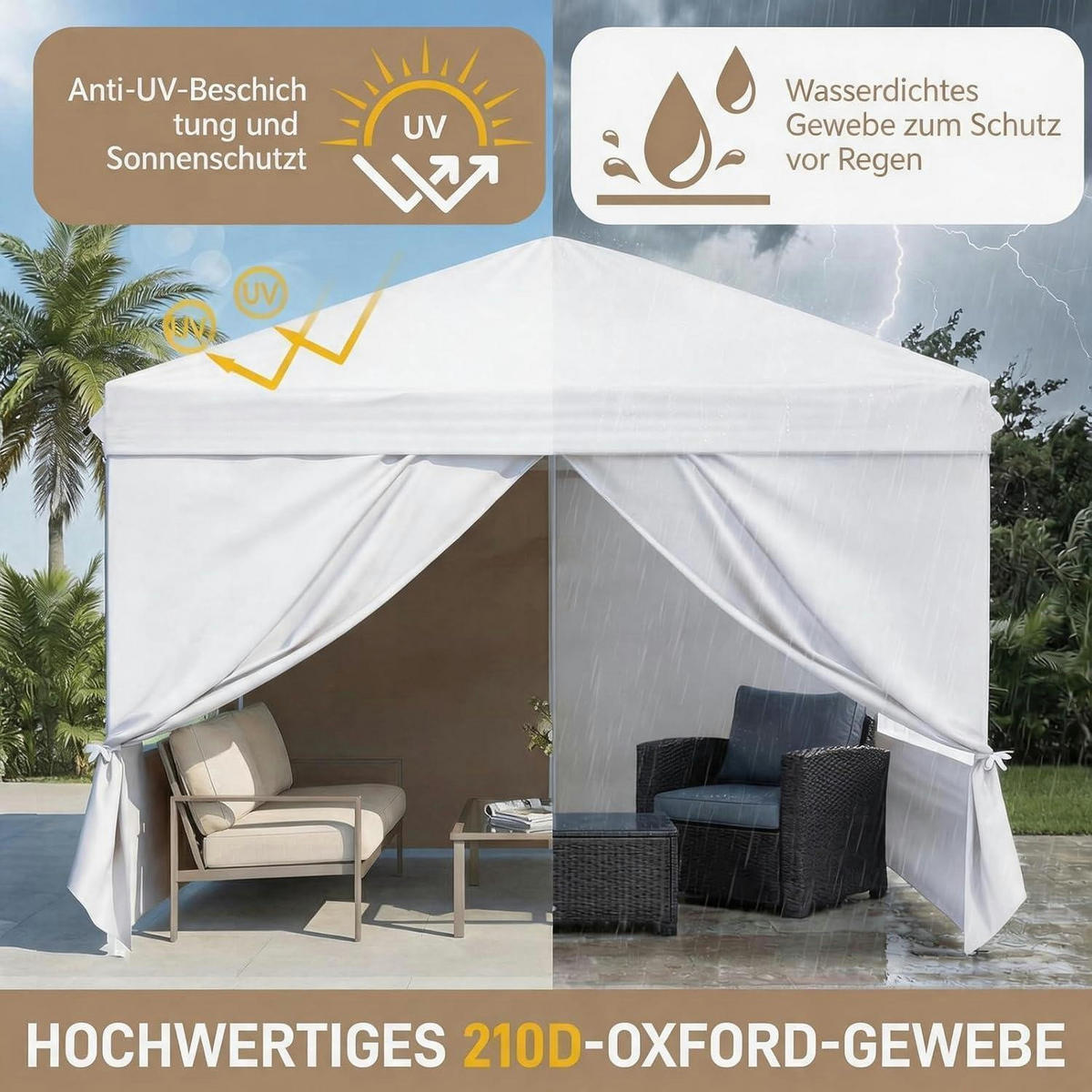 FALTPAVILLON 3 x 3 m weiß mit 4 Seitenteilen, Pop-Up One-Touch - Weiß, Textil (300/255/300cm)