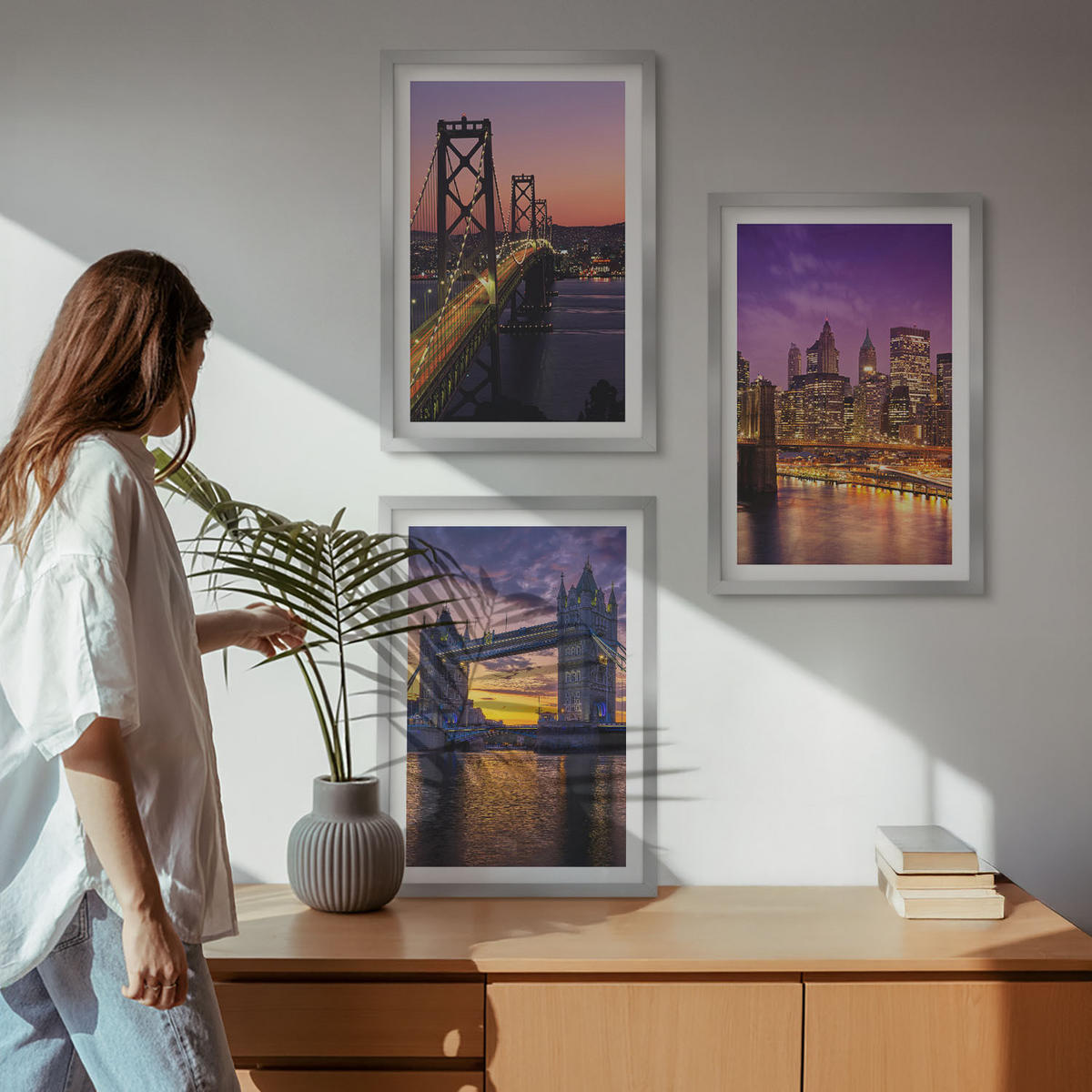 WANDBILDER 3er Set - 40x60 cm Silberner Rahmen - Brücken, Sonne, Stadtblick - Silberfarben, Kunststoff (40/60cm) - ArtPrintCave