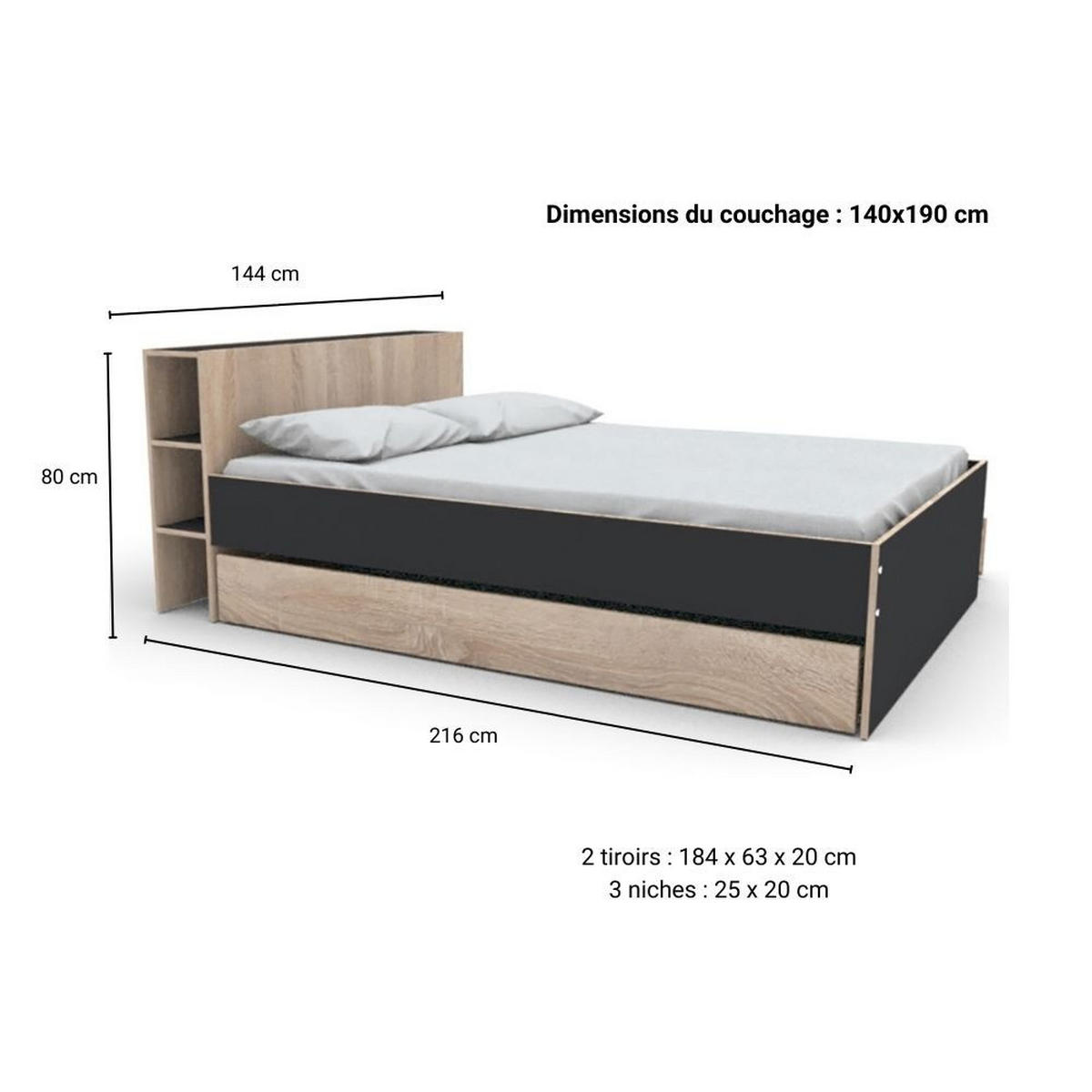 BETT RIGA MIT SCHUBLADEN/ Bett 140x190 - Schwarz und Gebleichte Eiche Dekor - Schwarz, Holzwerkstoff (140/190cm) - Weber Industries