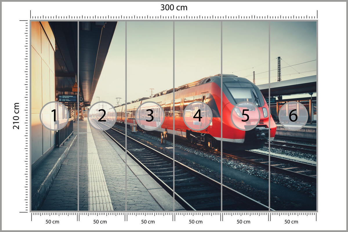 FOTOTAPETE für Wohnzimmer Moderner Roter Zug Bahnhof Geleise 300x210 - Rot/Braun, Papier (300/210cm) - Muralo