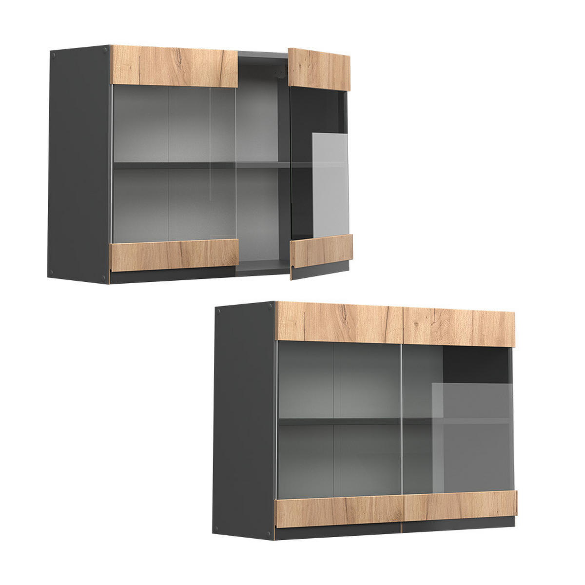 KÜCHENGLASSCHRANK R-Line Goldkraft Eiche 80 cm J-Shape - Anthrazit/Eiche Wotan, Holzwerkstoff (80/60/31cm) - Vicco
