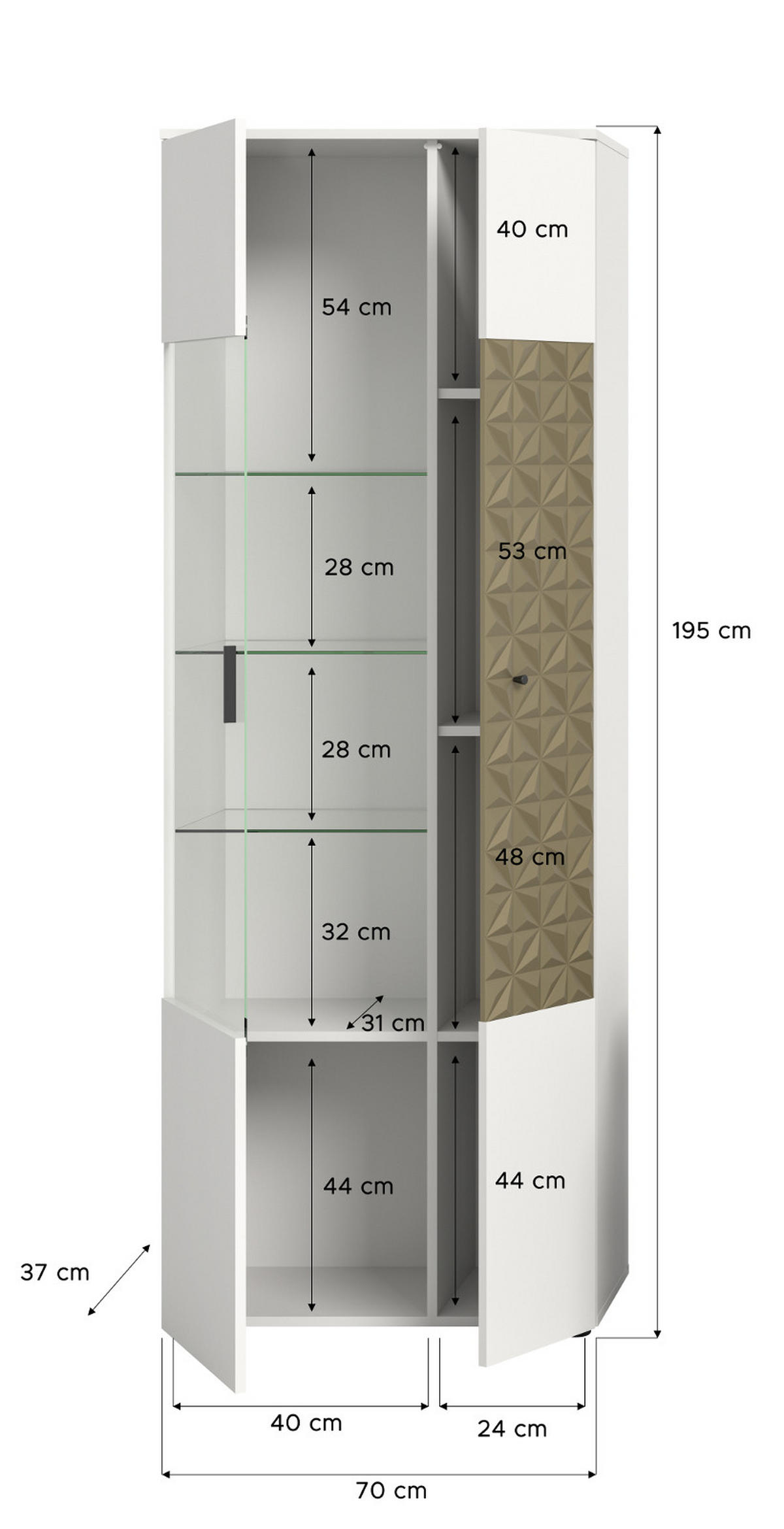 VITRINE weiß, Gold 70 cm, VITRINENSCHRANK mit 9 Fächern - Goldfarben/Schwarz, Glas/Holzwerkstoff (70/195/37cm) - Inn.Furn