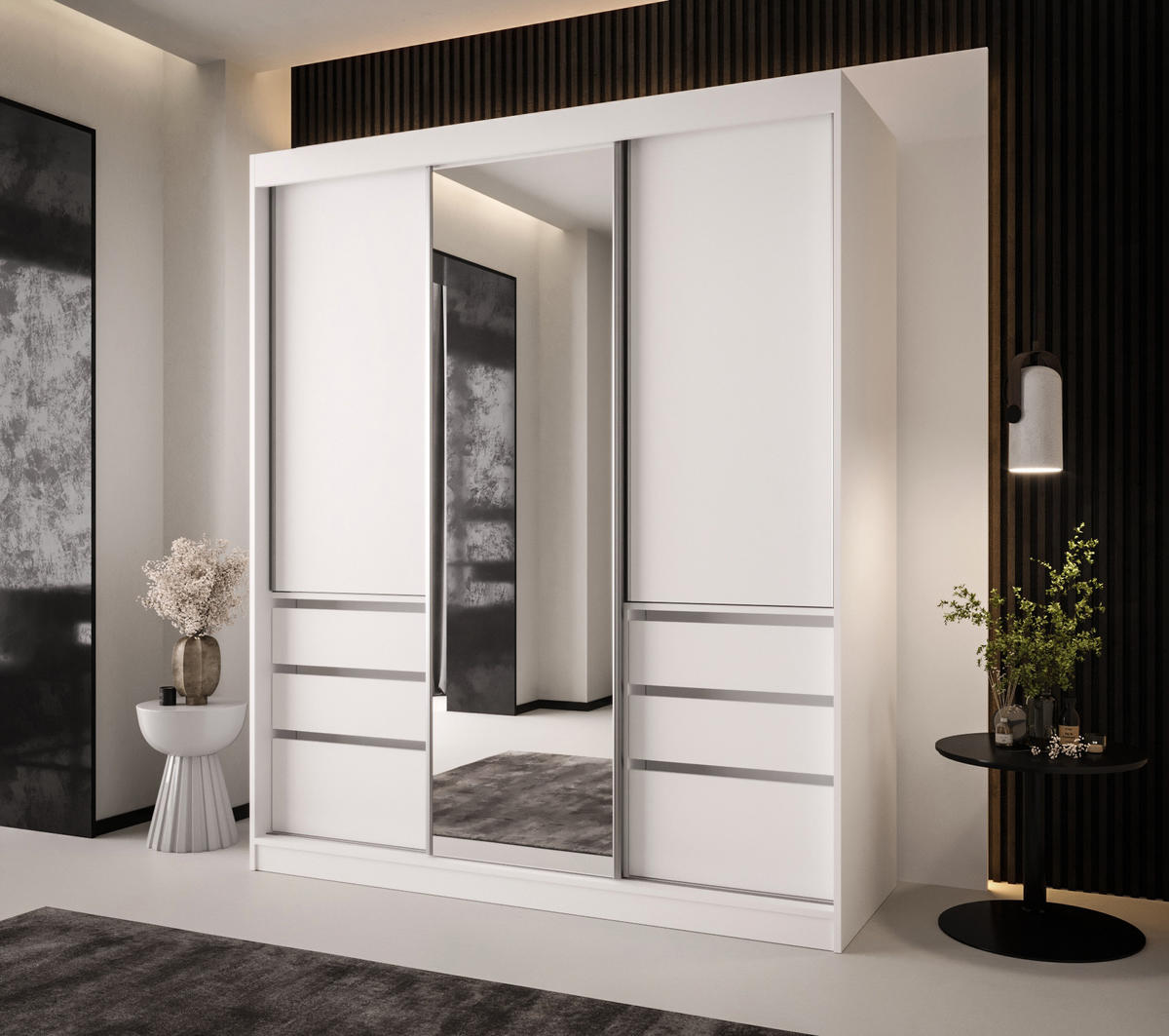 SCHIEBETÜRENSCHRANK PARMA 180, 2-türig Kleiderschrank mit 1 Spiegel, Moderne Garderobe, Schrank in Größe: 180 x 216 x 65 cm - Weiß, Holzwerkstoff (180/216/65cm) - O-Sofa