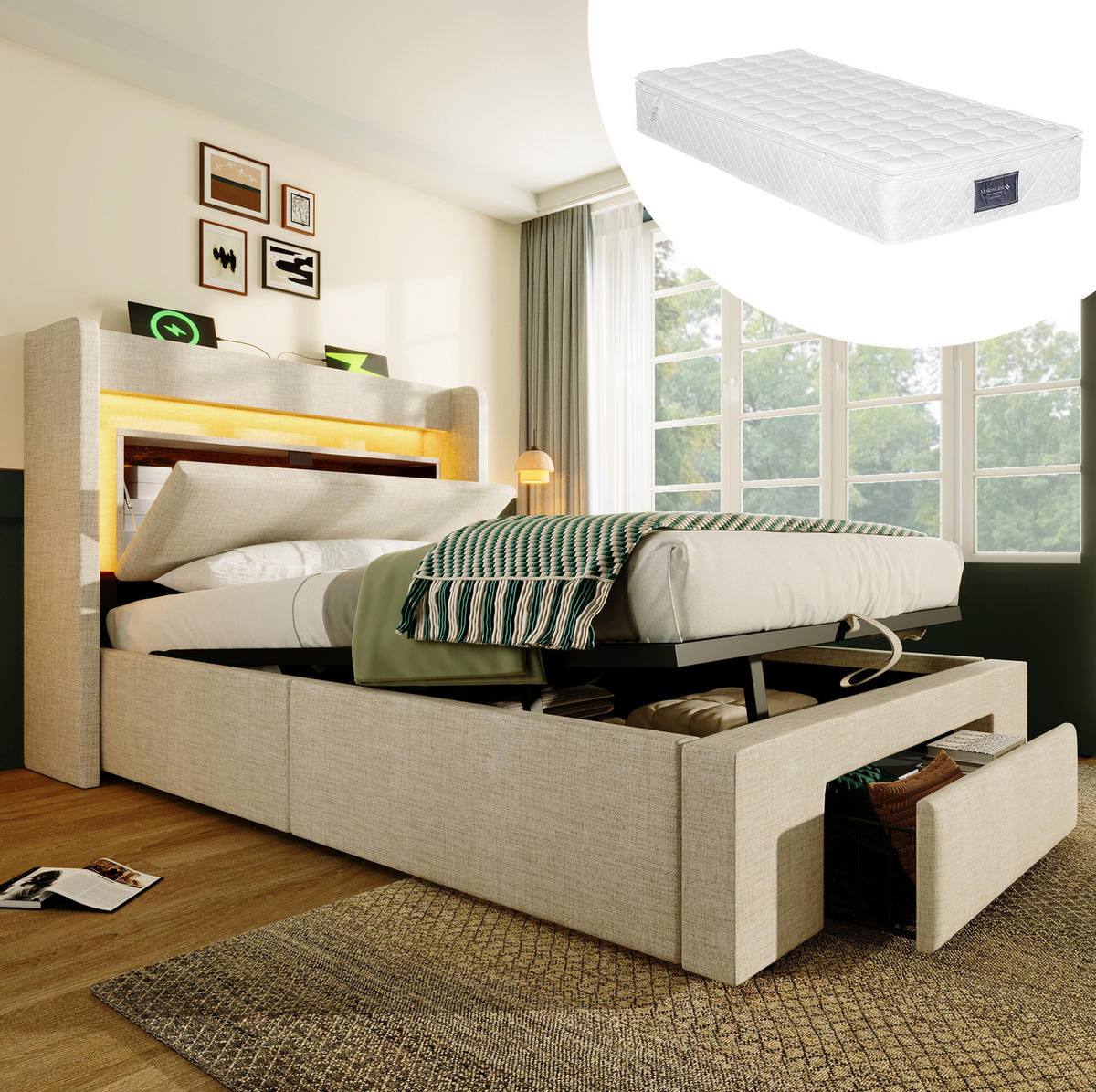 BETT mit Stauraum 90x200 cm Leinen Beige mit Matratze - Beige, Metall (90/200cm) - Meubliv
