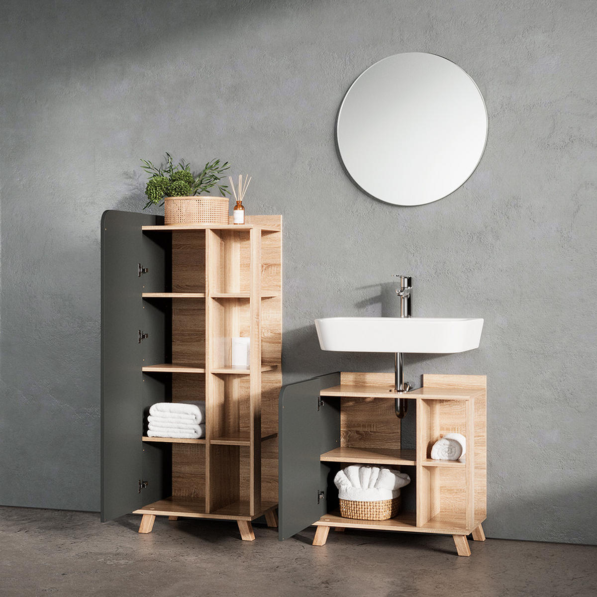 BADMÖBEL-SET Marano Anthrazit 2 Teile - Anthrazit/Sonoma Eiche, Holzwerkstoff (35/65/60cm) - Livinity®