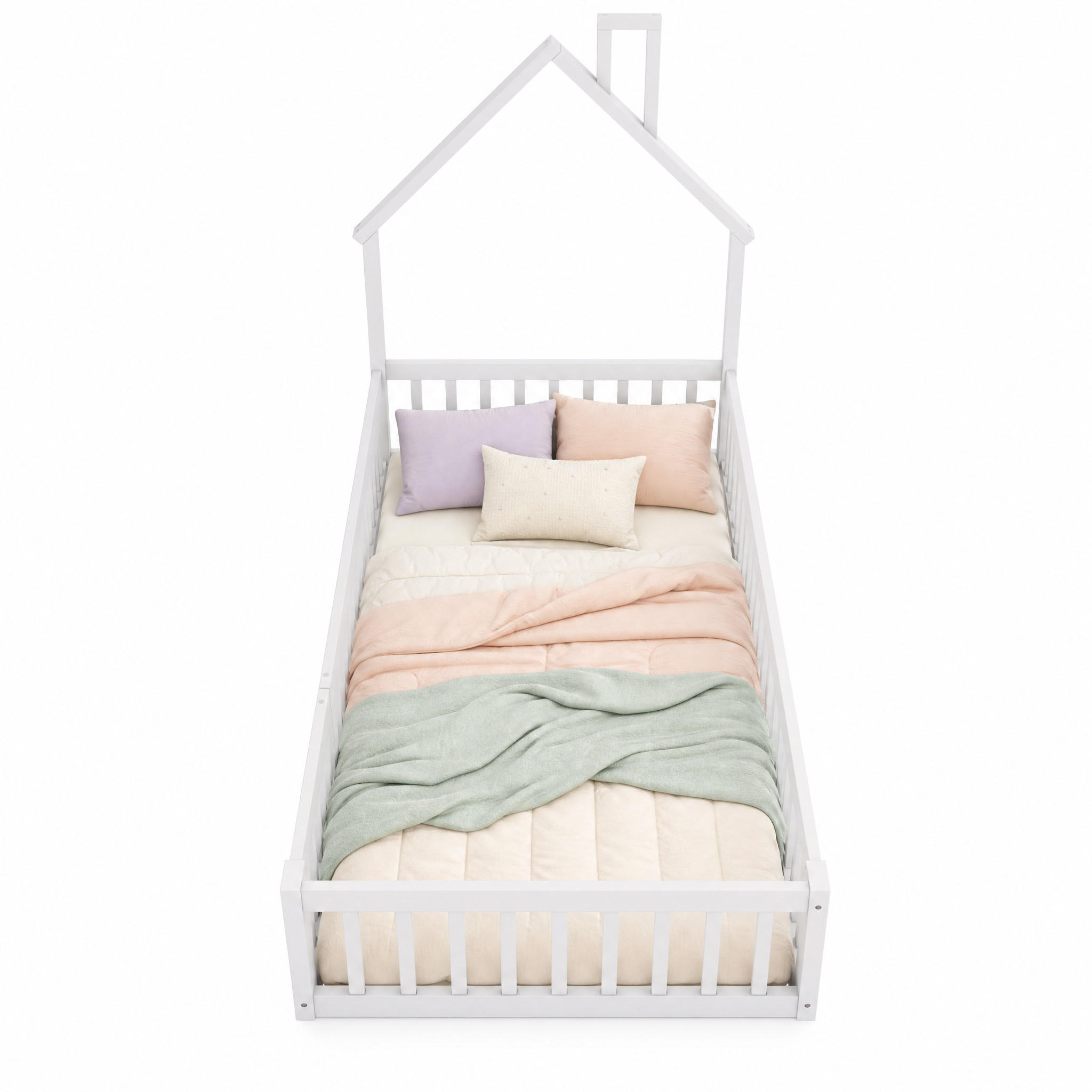 HAUSBETT 90/200 mit Schornsteinform, Sicherheitsgitter und Lattenrost in Weiß - Weiß, Holzwerkstoff (90/200cm) - EVRYAE