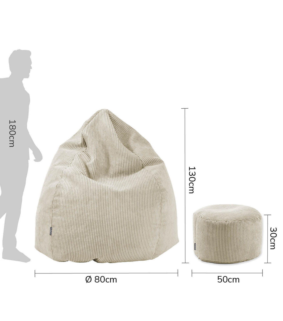 SITZSACK Cord mit Hocker Der Tagträumer - Beige, Textil (180/80/80cm) - Mokebo