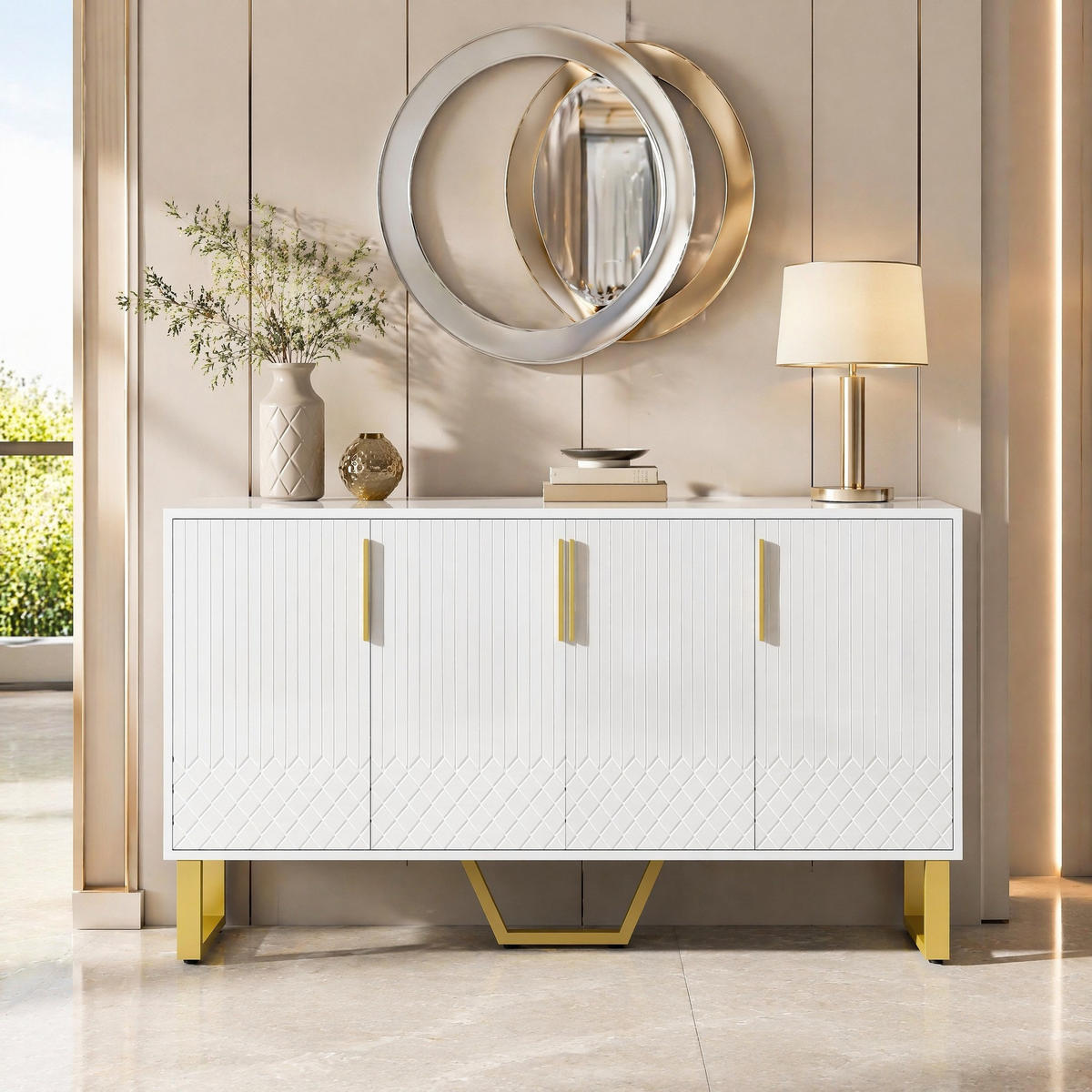 SIDEBOARD in Weiß Anrichte mit 4-Türen-Design und Metallgriffen für Wohnzimmer und Schlafzimmer, B140/T40/H80 cm - Goldfarben/Weiß, Holzwerkstoff/Metall (140/80/40cm) - STILVORA