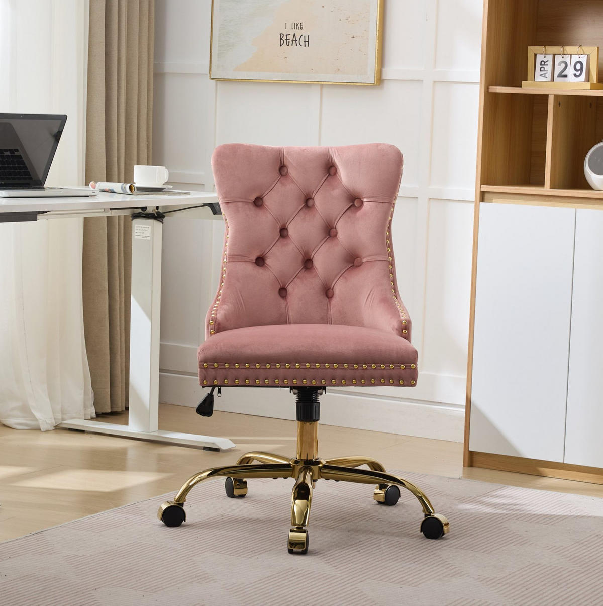 BÜROSTUHL Samt Pink mit goldfarbenem Metallgestell - Pink, Metall (50/98/63cm) - Meubliv