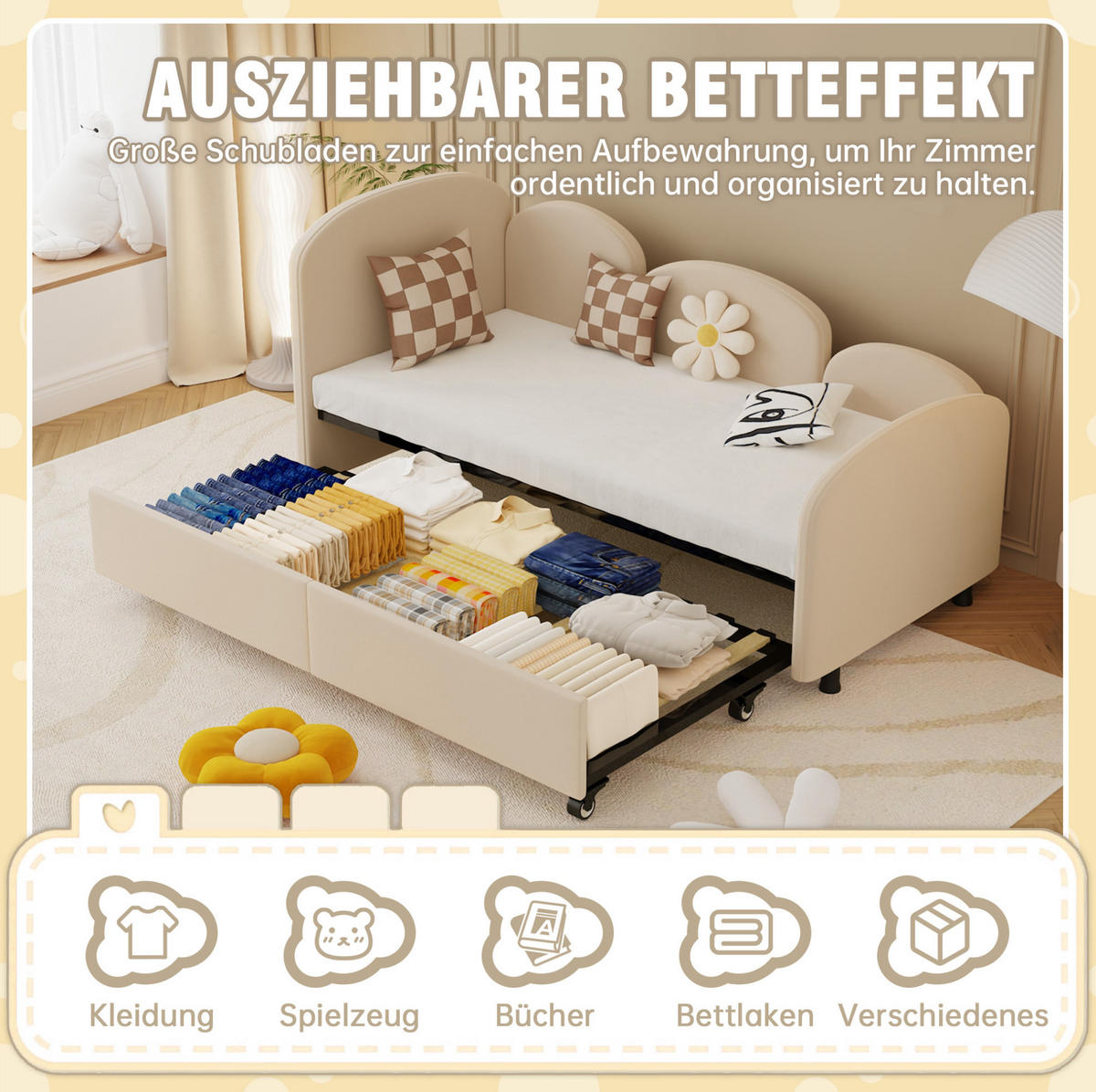 POLSTERBETT 90/200 cm Beige aus Samt und Eisen mit Schublade - Beige, Textil (90/200cm) - OKMYHOME