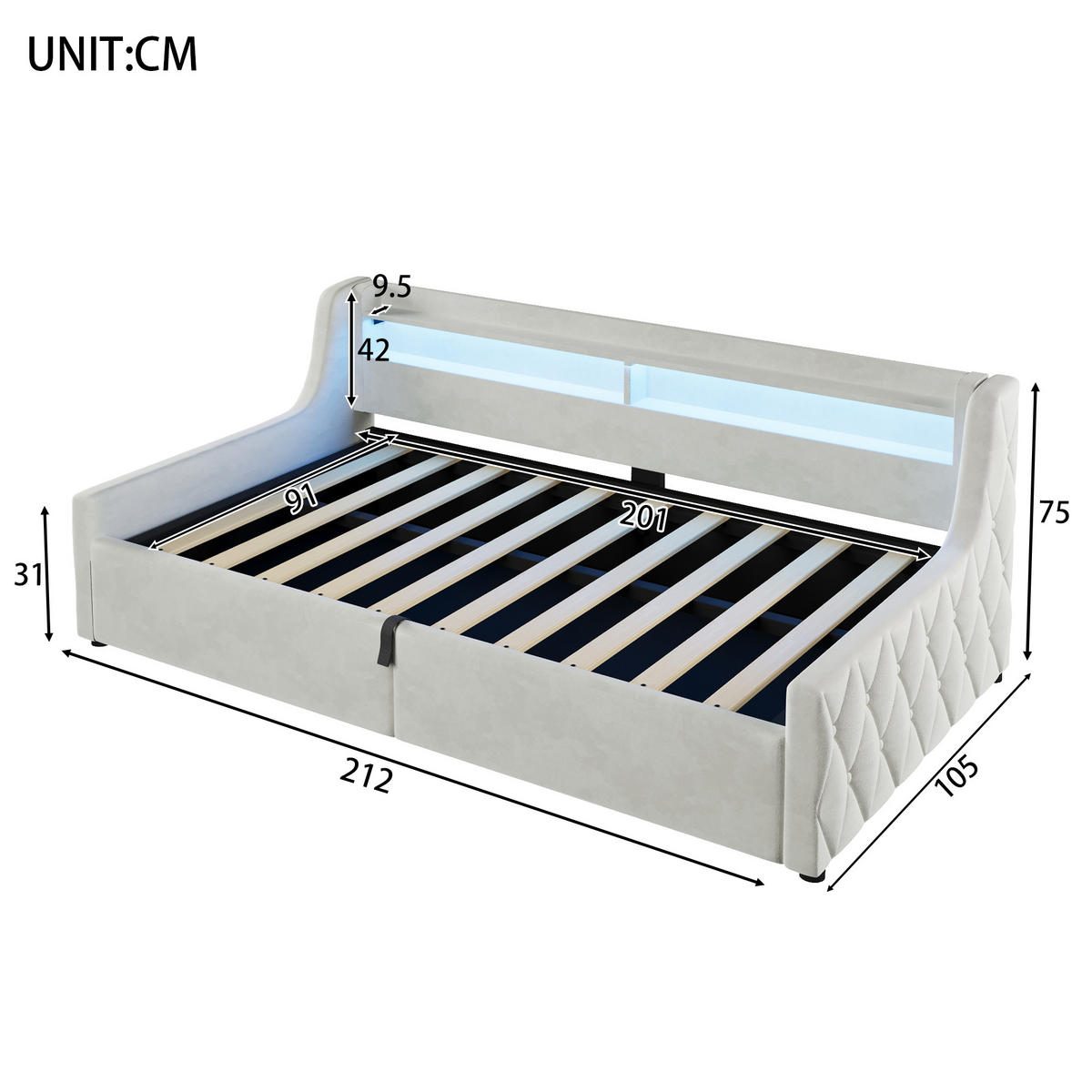 BETT mit Stauraum und LED 90x200 cm Off White - Weiß, Metall (90/200cm) - Meubliv