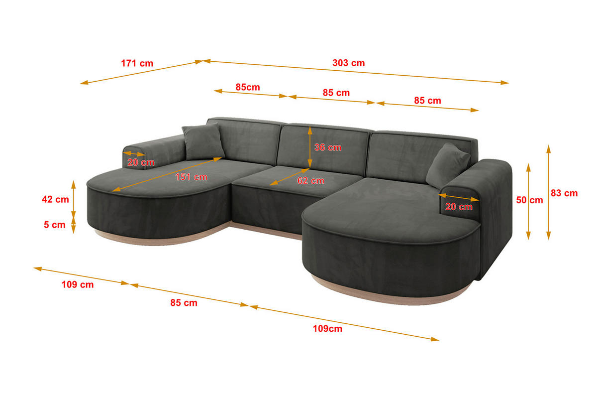 WOHNLANDSCHAFT MARI-U1-v1 - 303x171x83 cm Dunkelgrau Velours - Dunkelgrau, Holzwerkstoff/Textil (303/83/171cm) - ALTDECOR