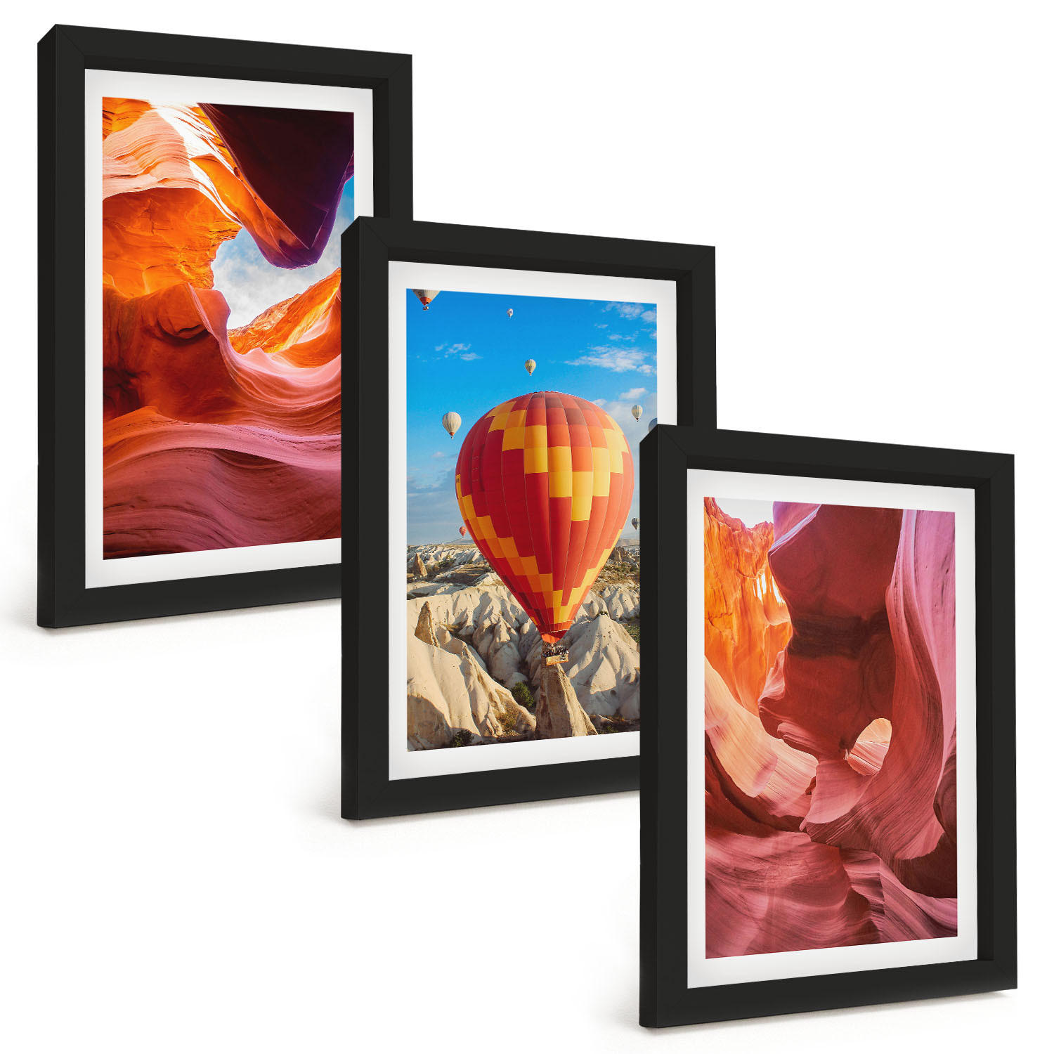 BILDER SET 3er Set - 20x30 cm Schwarzer Rahmen - Wüstenschluchten aus der Ballonfahrt - Schwarz, Kunststoff (20/30cm) - TULUP
