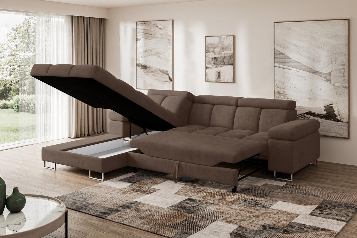 ECKSOFA mit Schlaffunktion Ottomane Links COMA L 271x203x79 Braun Velours - Braun, Holzwerkstoff/Textil (271/203cm) - ALTDECOR