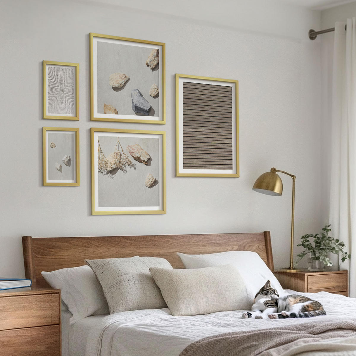 WANDBILDER 5er Set - 50x50 cm & 20x30 cm & 40x60 cm Goldrahmen - Natürliche Texturen Holz Steine - Goldfarben, Kunststoff (40/60cm) - ArtPrintCave