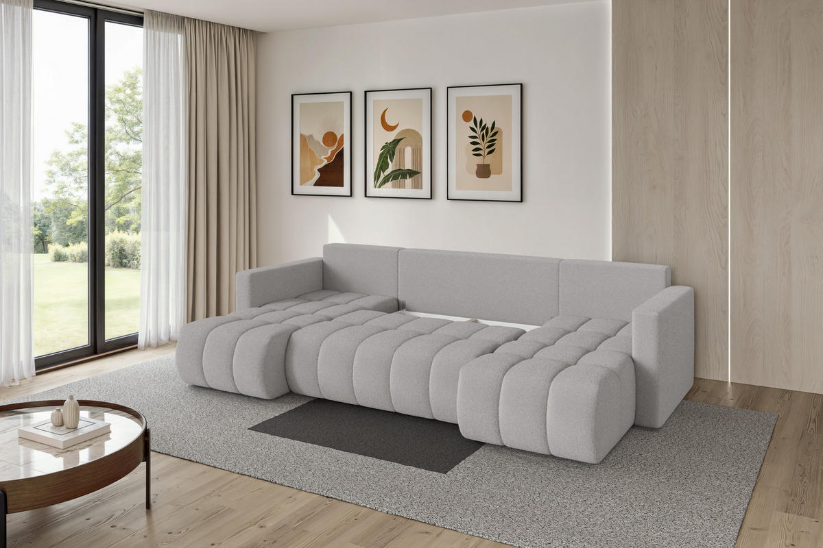 SEDACÍ SOUPRAVA DO U s funkcí spaní a úložným prostorem GARD-U 300x146x85 světle šedá bouclé - černá/stříbrná, kompozitní dřevo/textil (300/85/146cm) - ALTDECOR