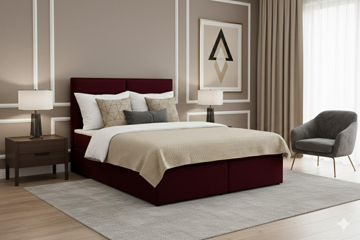 BOXSPRINGBETT AURORA mit Topper und Bettkasten, Bordeaux, 140x200 cm - Bordeaux, Textil (140/200cm) - KS Home Concept