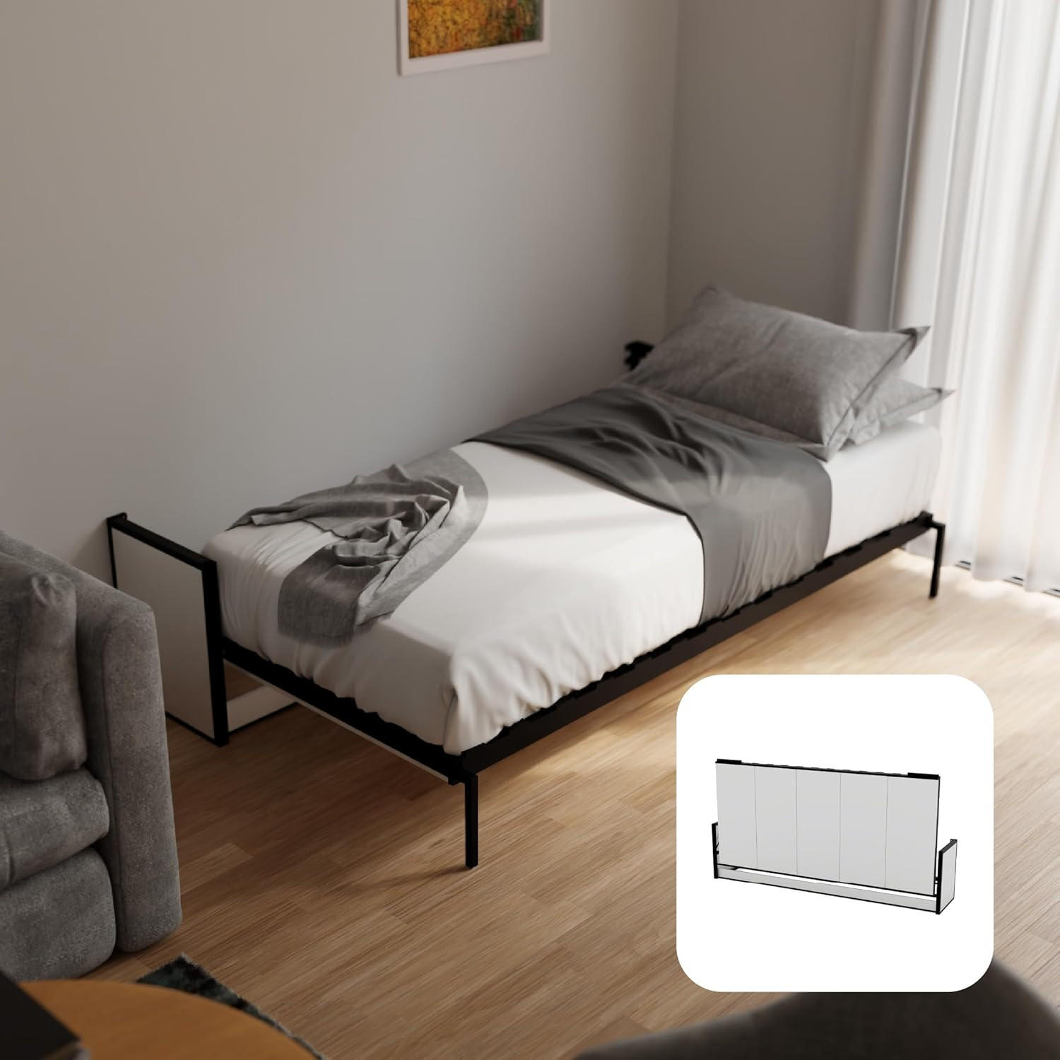 SCHRANKBETT Murphy Studio 190x90 Horizontal, mit Gasdruckfeder-Mechanismus - Schwarz Hochglanz/Transparent, Metall (190/90cm) - WallBedKing