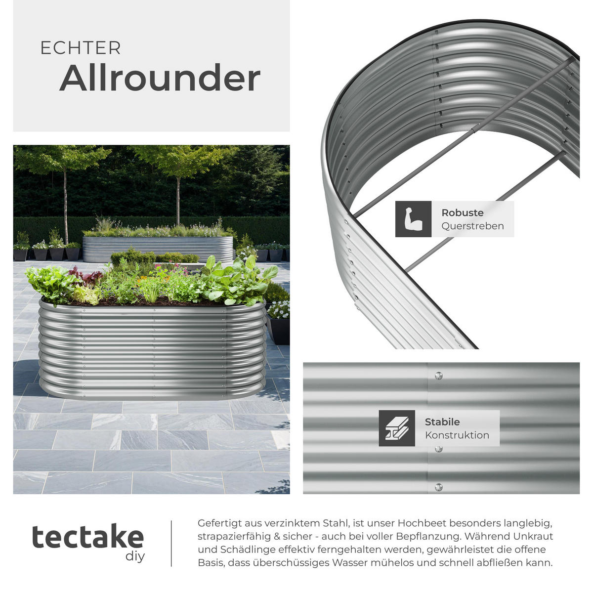 HOCHBEET Flormma,200 x 100 x 80 cm,silber - Silberfarben, Metall (200/80/100cm) - tectake