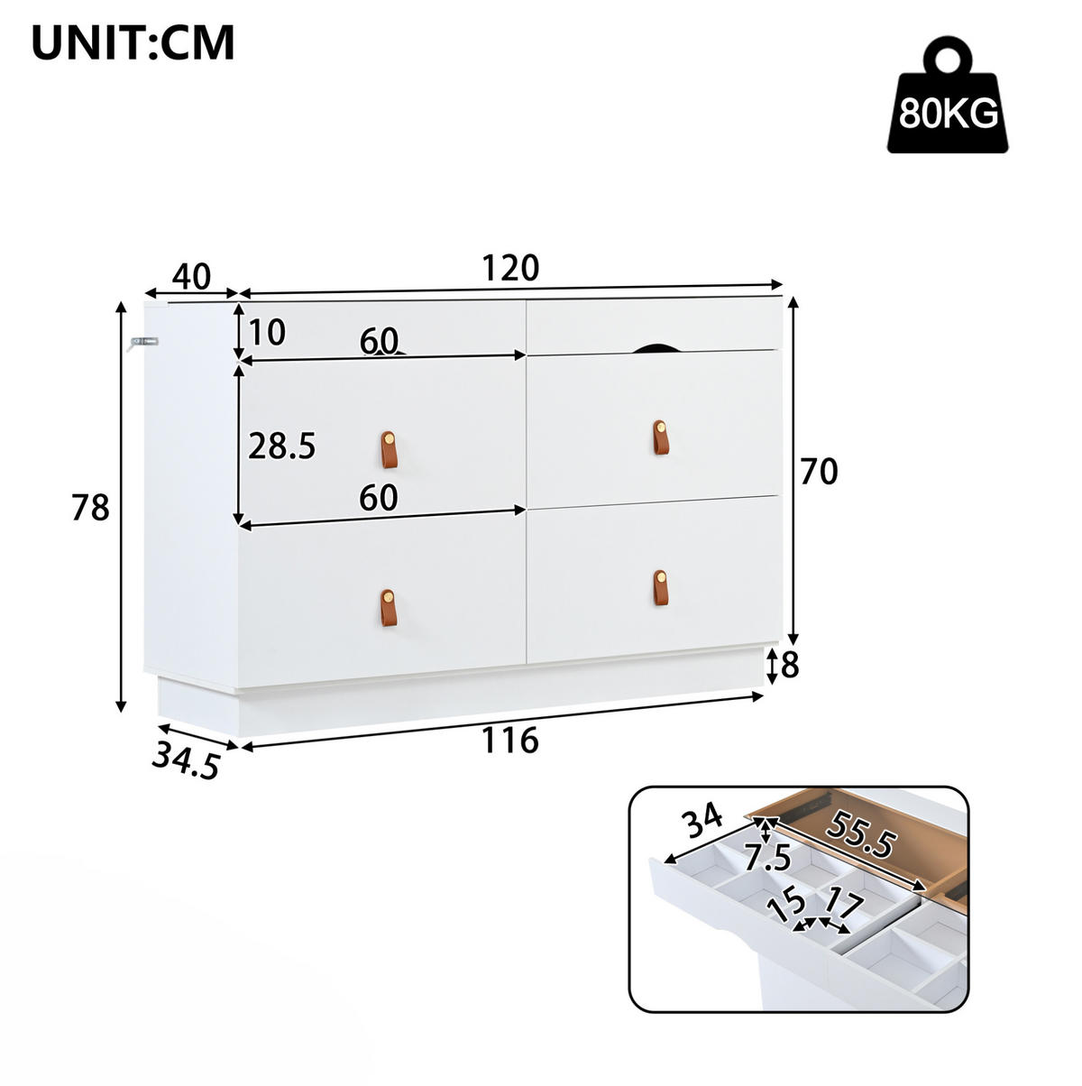KOMMODE 120/40/78 cm mit 6 Schubladen, Glasplatte, Facheinteilung und Kippsicherung, Weiß - Weiß, Glas (120/78/40cm) - Redom