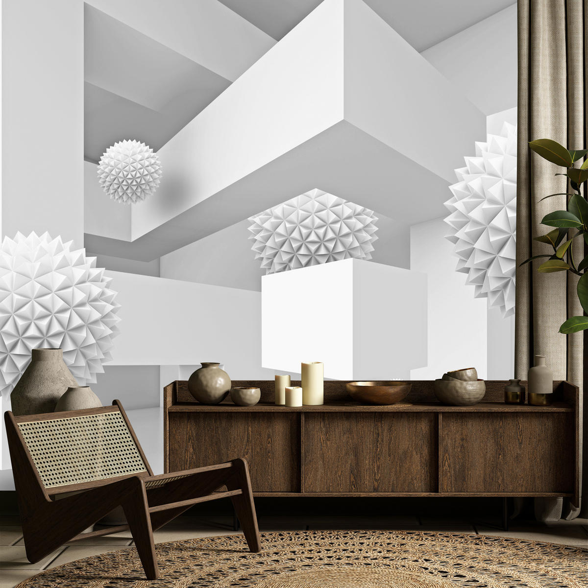 FOTOTAPETE für Wohnzimmer Abstrakte Kugeln Geometrie Illusion 350x256 - Weiß/Grau, Papier (350/256cm) - Muralo