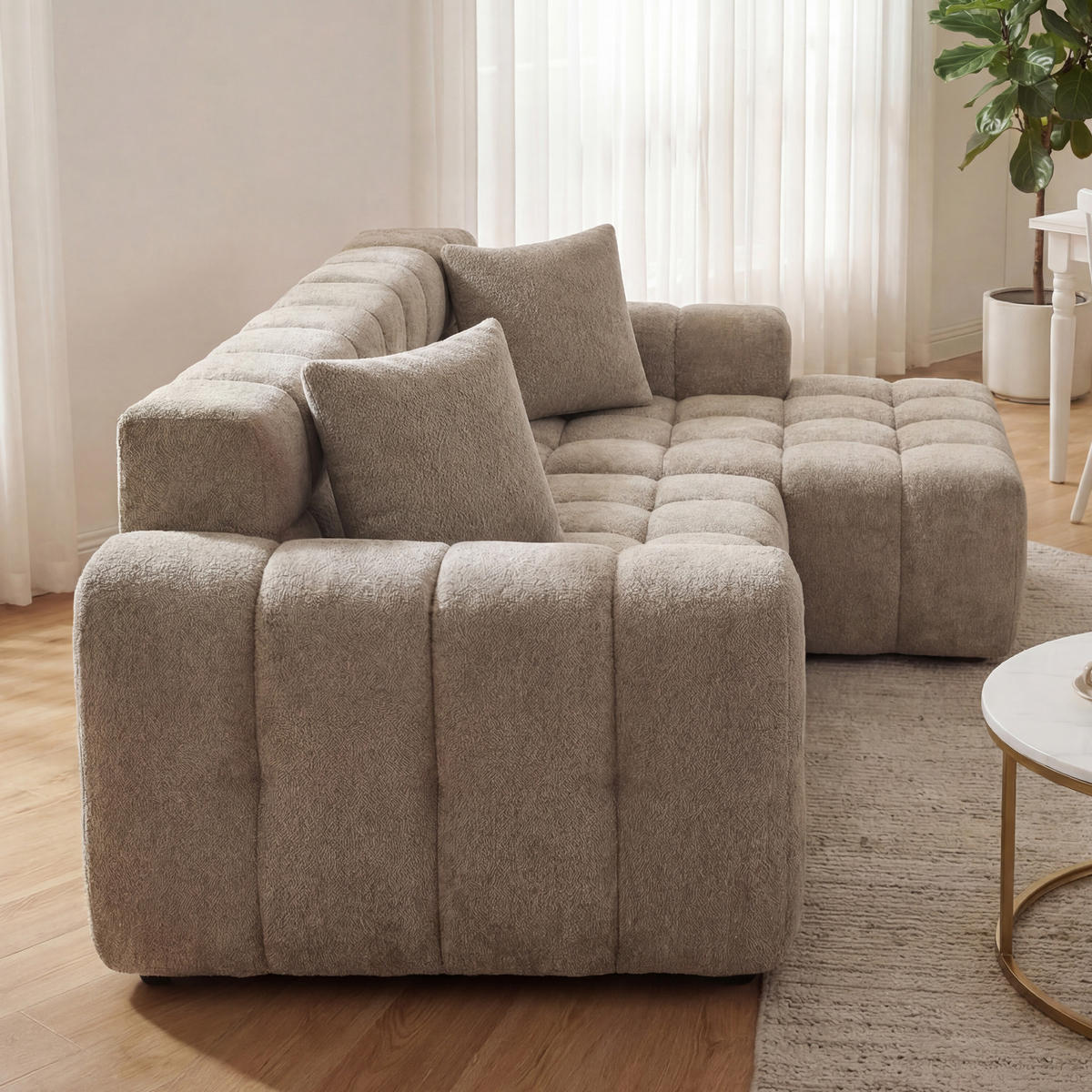 ECKSOFA modular 250/150/65 cm Khaki aus Velours mit Chaise Longue, L-Form - Sandfarben, Textil (150/250cm) - MIVRAY