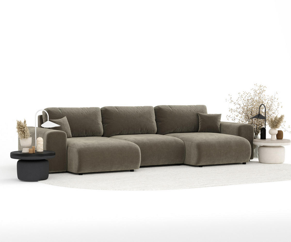 PANORAMASOFA Zanzibar Taupe Samtstoff - Taupe/Schwarz, Holz/Holzwerkstoff (325/79/144cm) - Maison de Reve