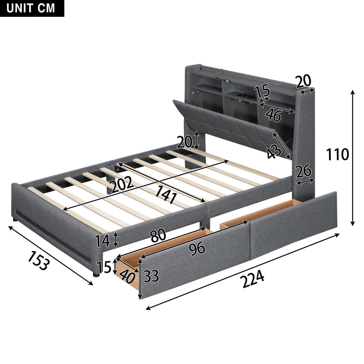 POLSTERBETT 140/200 cm grau mit LED und USB-Anschlüssen - Grau, Textil (140/200cm) - OKWISH