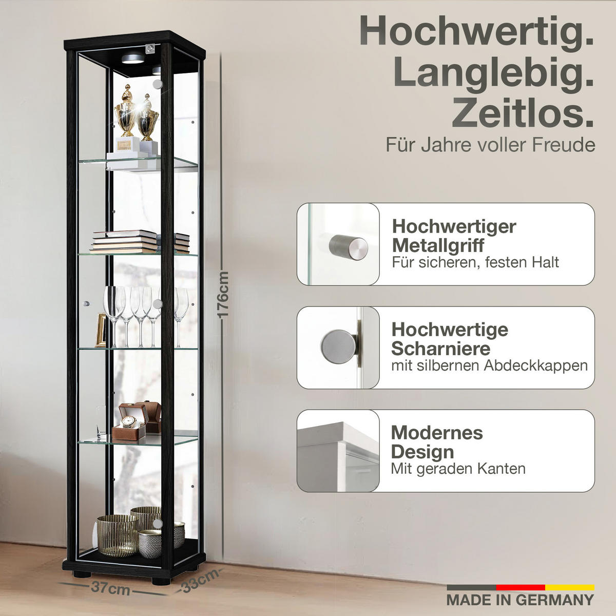 GLASVITRINE 33/37/176 cm mit Spiegel, LED, Schloss & 4 höhenverstellbaren Glasböden - Transparent/Silberfarben, Glas/Holzwerkstoff (37/176/33cm) - K-Möbel