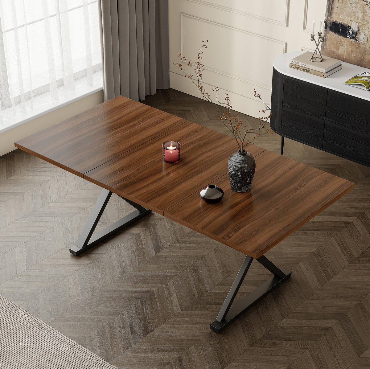 ESSTISCH 180/90/75 cm walnussfarben aus MDF mit X-förmigen Metallbeinen - Walnussfarben, Holzwerkstoff (180/90/75cm) - OKWISH