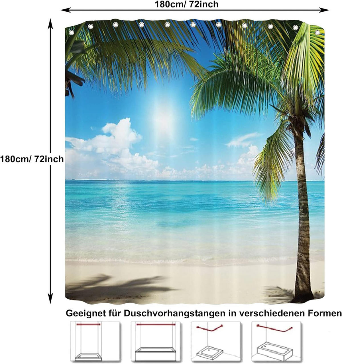 DUSCHVORHANG Strand 3D wasserdicht 180 x 180 cm waschbar mit Ringen - Multicolor, Textil (180/180cm) - MCBOSON